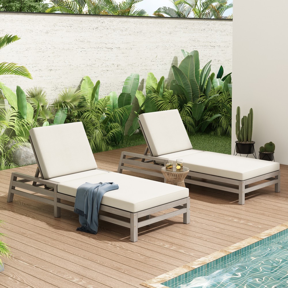 2-Pack Wood Chaise Lounge w/ 5-Position Adjustable Back & Thick Cushions–Outdoor