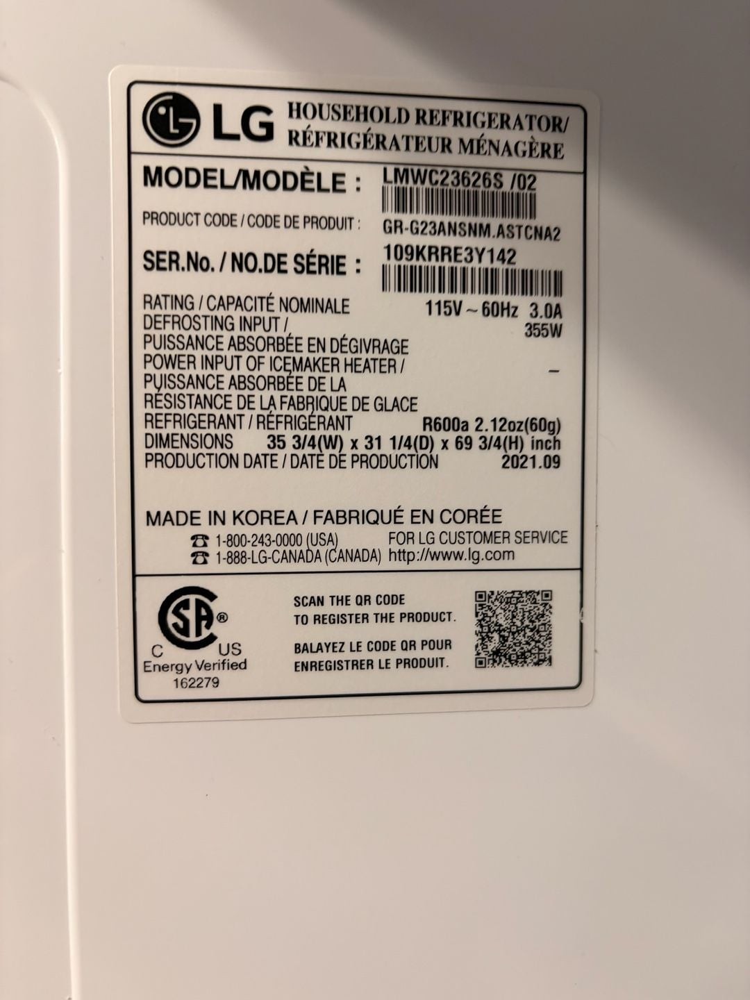 LG Refrigerator Door Shelf Bin for Model LMWC23626S