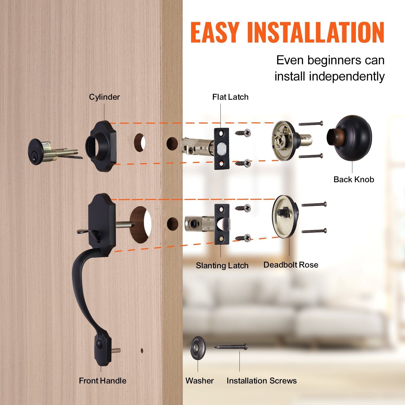 Secure Entry Handleset 7-11/16-8-13/16in Adjustable Matte Black Coating