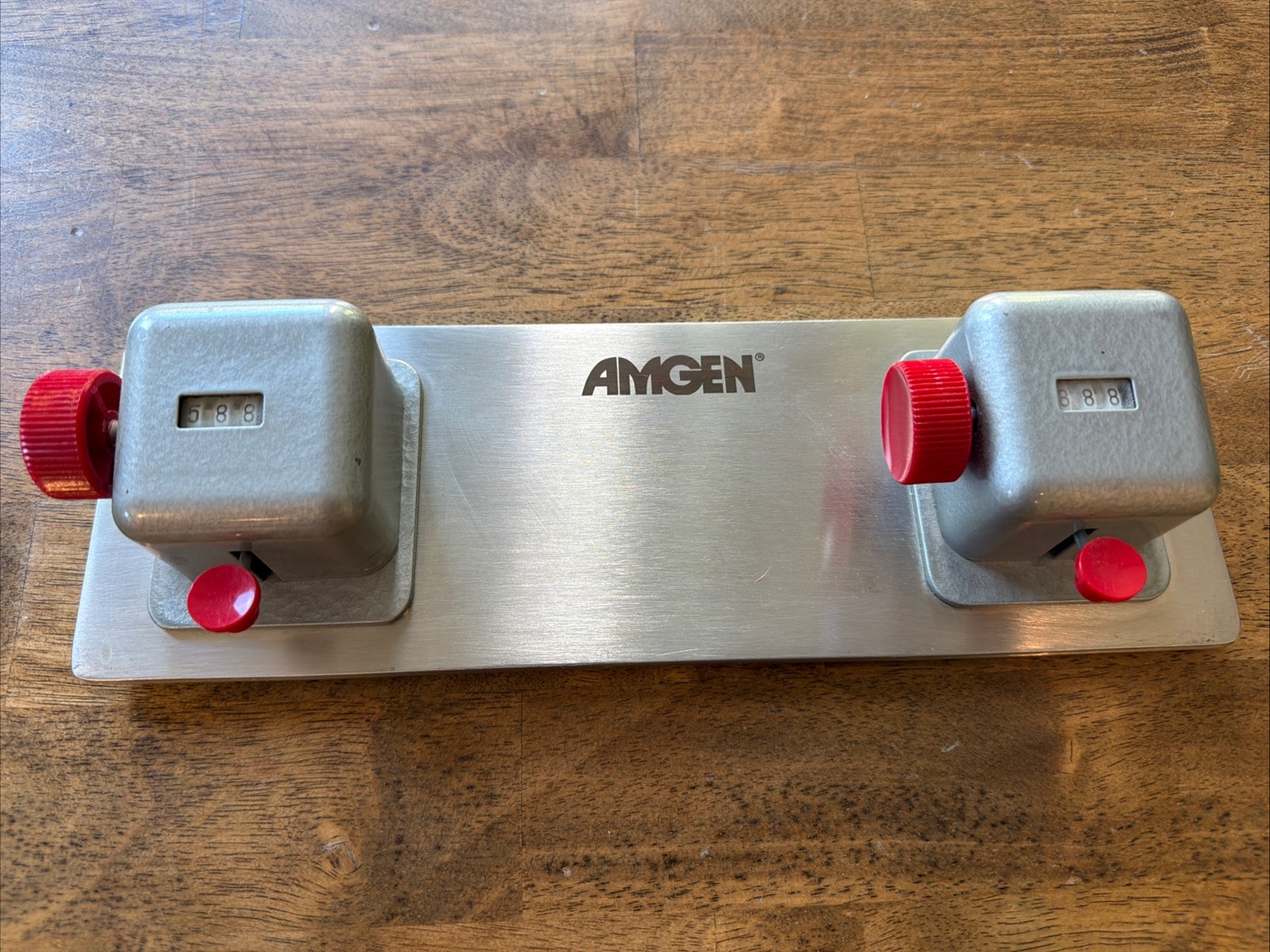 VERY RARE AMGEN HEAVY DUTY LABORATORY TALLY COUNTER (2) STEEL PLATE MOUNT