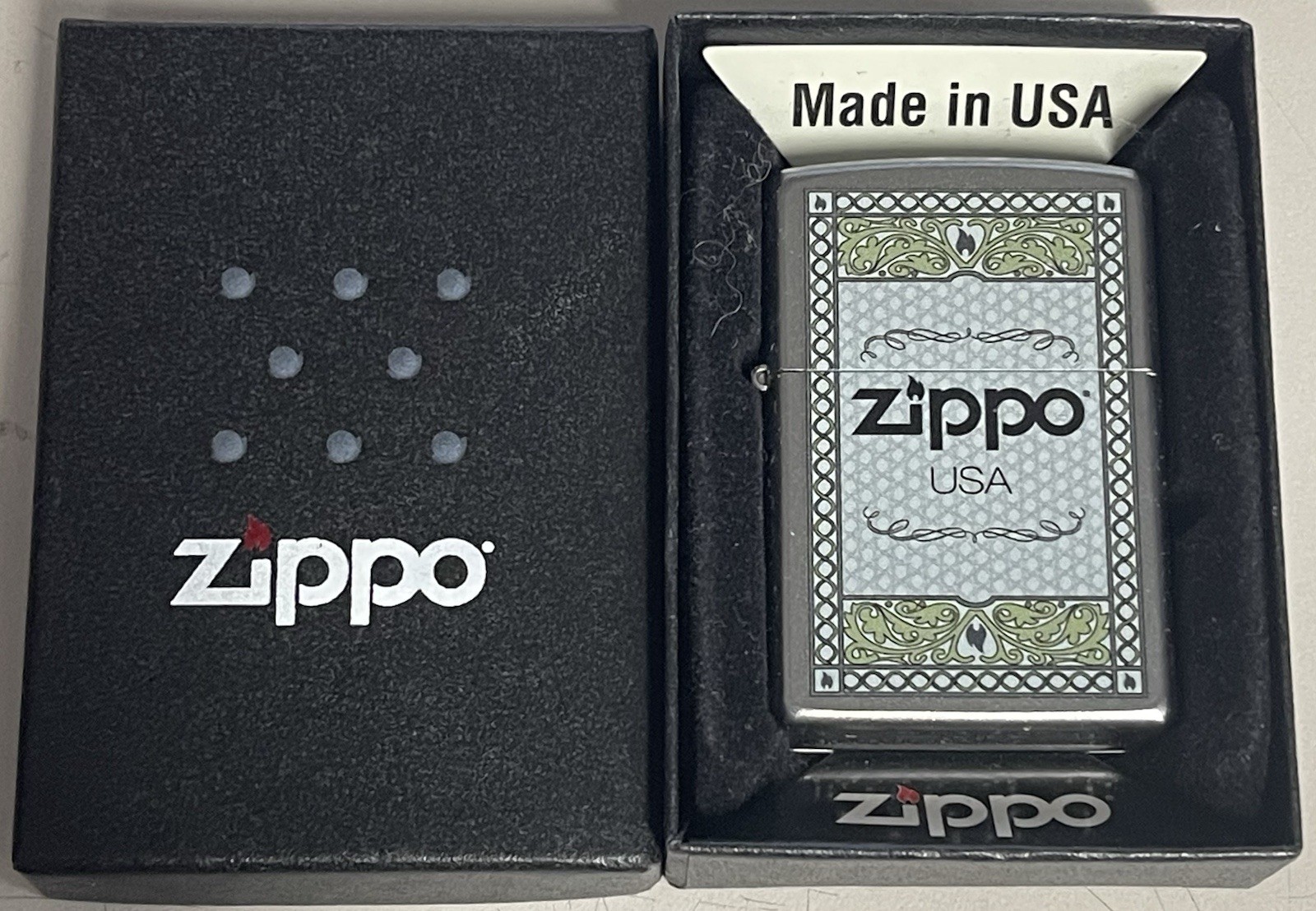 ZIPPO 2013 ZIPPO USA FRAME 2 LOGO SATIN CHROME LIGHTER UNFIRED IN BOX B481