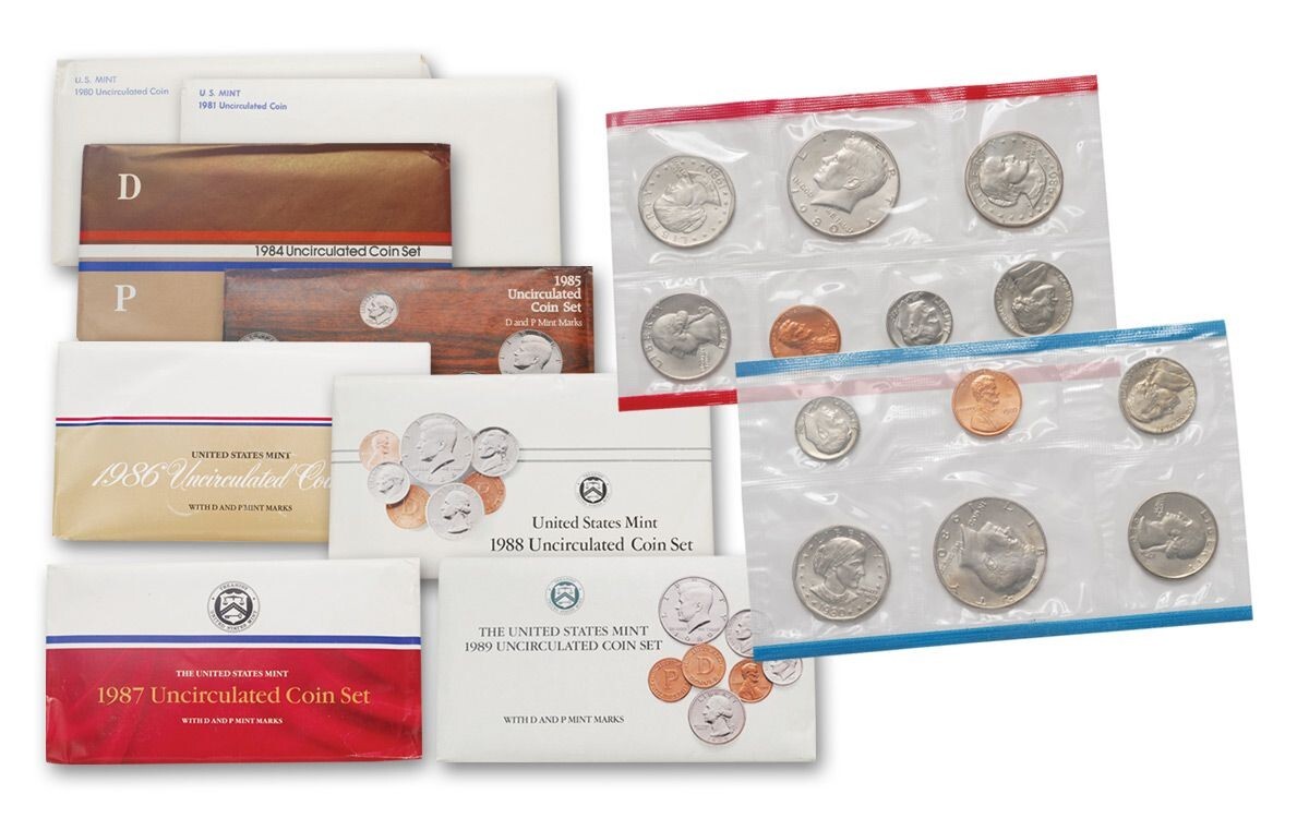 1980 thru 1989 US Mint Sets Uncirculated P & D ~Lot of 8 Sets w/ 86 Coins in OGP
