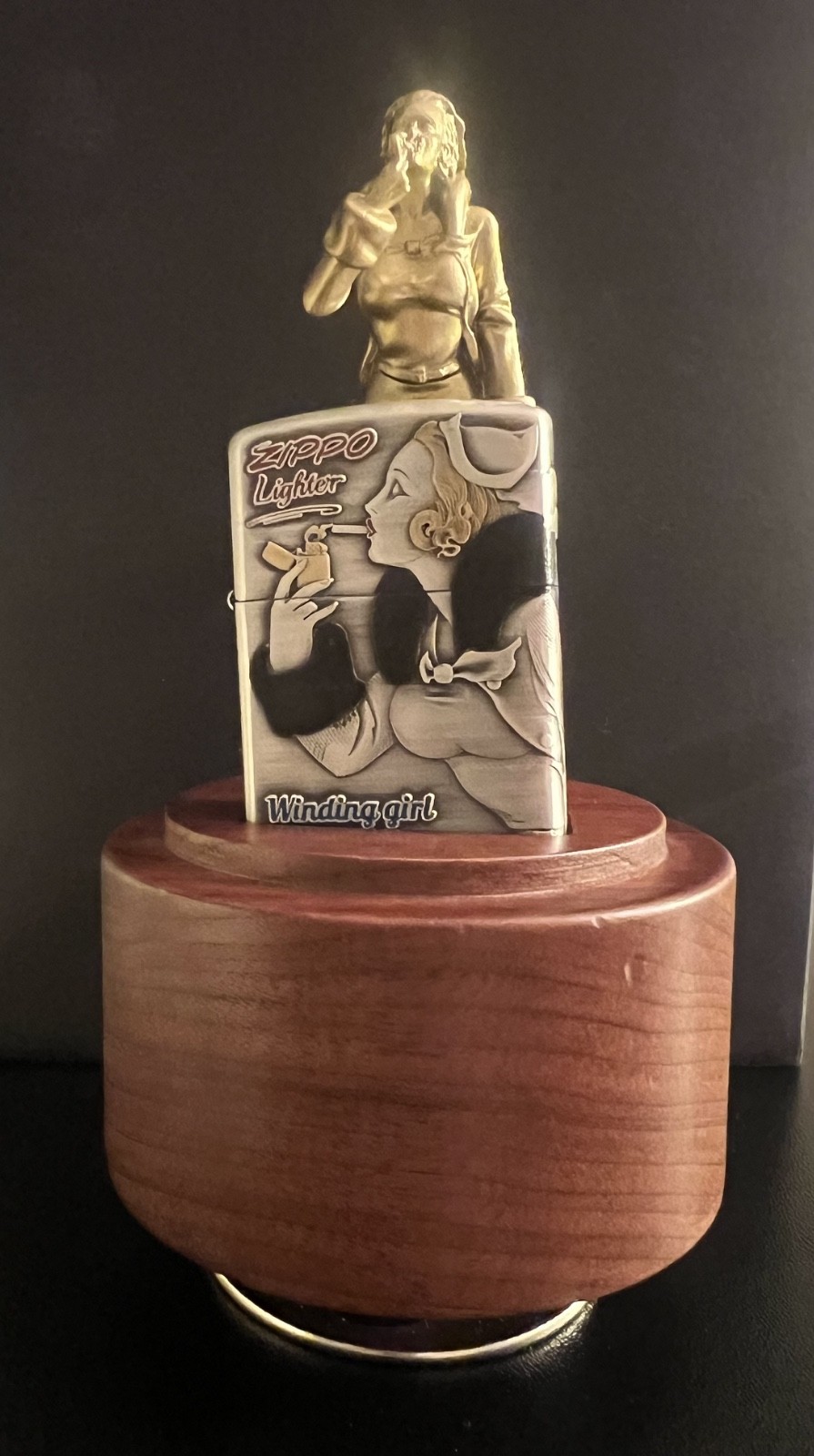 Zippo Windy Girl Armor Lighter with Display Stand & Glass Dome, New In Box