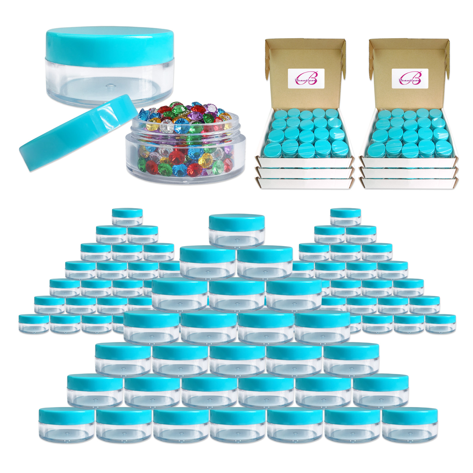 600 Pieces 10G/10ML Round Cosmetic Cream Clear Plastic Sample Pot Jars Teal Lids