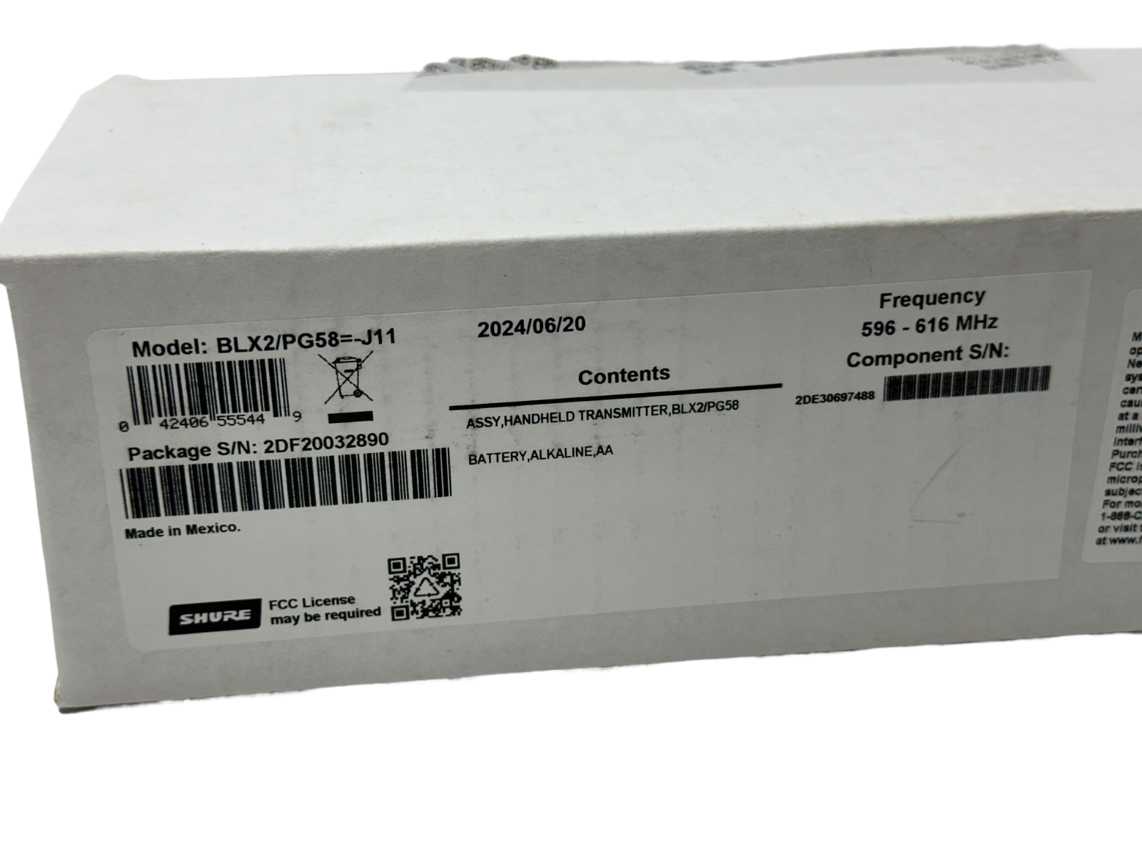 Authentic Shure BLX2/PG58 Wireless Handheld Microphone Transmitter - J11 Band