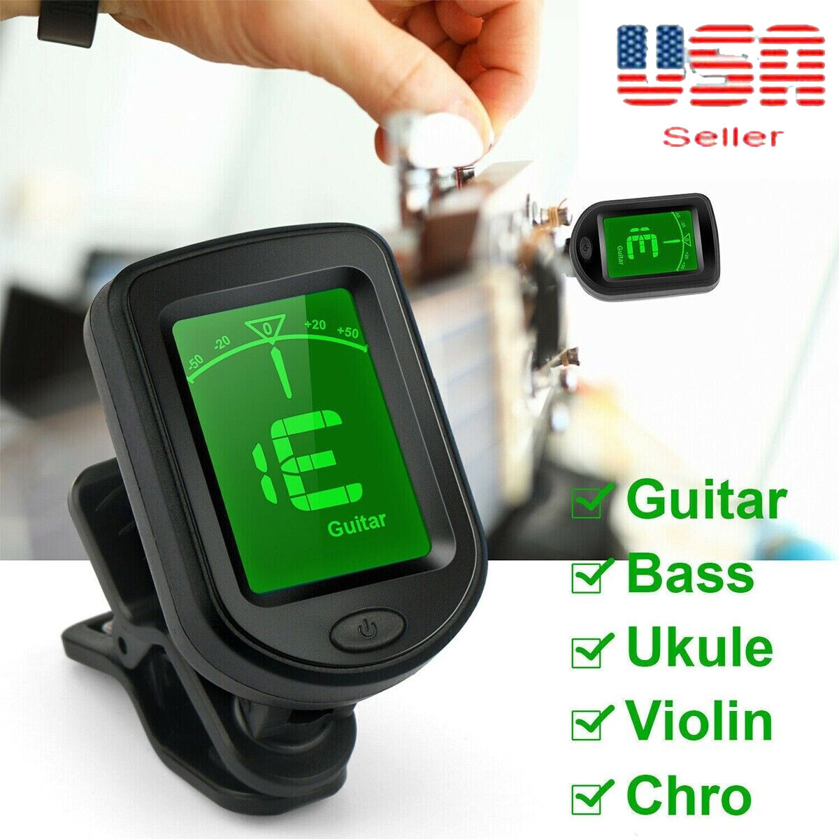 Chromatic Acoustic Ukulele Violin Banjo Electric Guitar Bass LCD On Clip Tuner