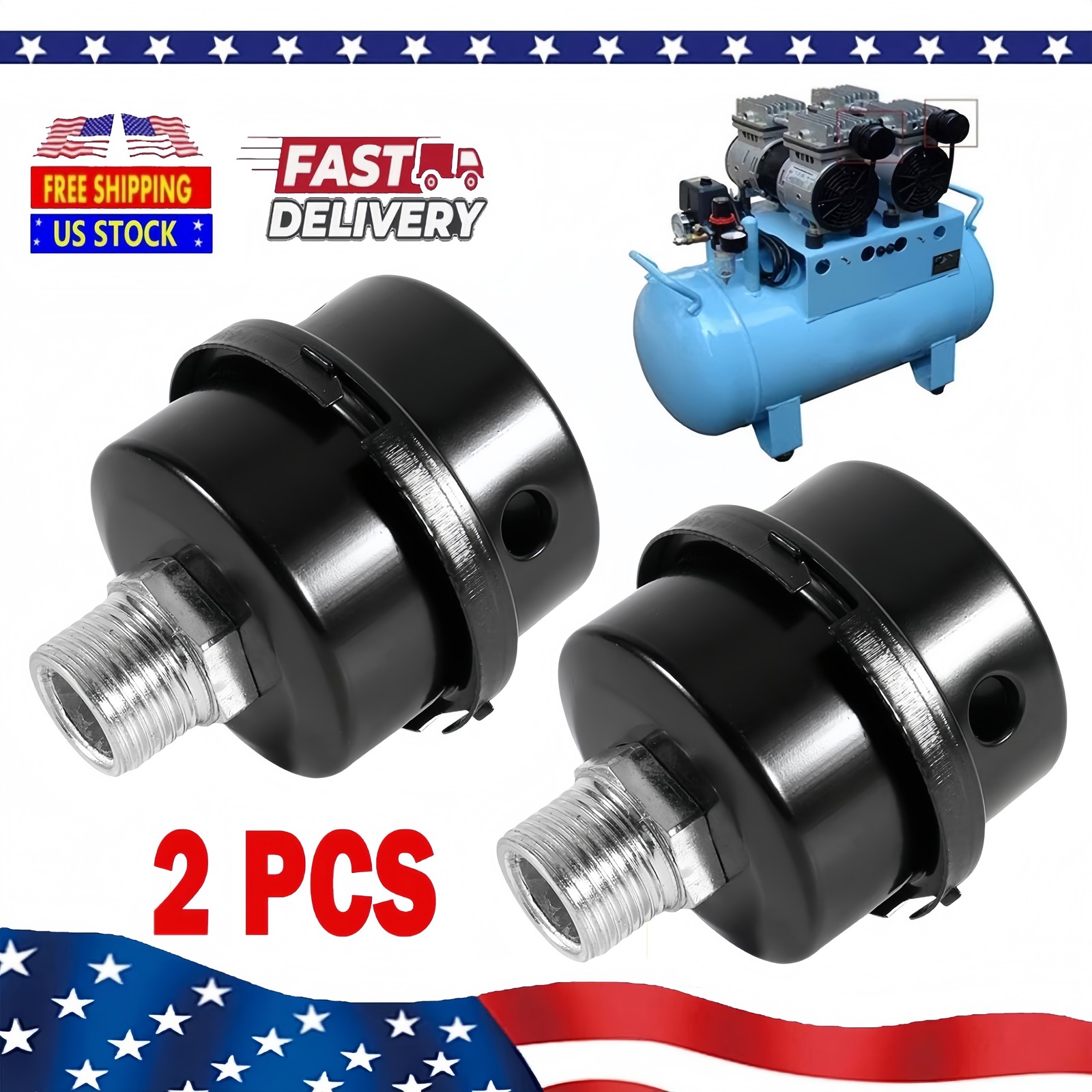 2-Pack 1/2" NPT Air Compressor Silencer Filter 20mm Metal Noise Muffler Intake