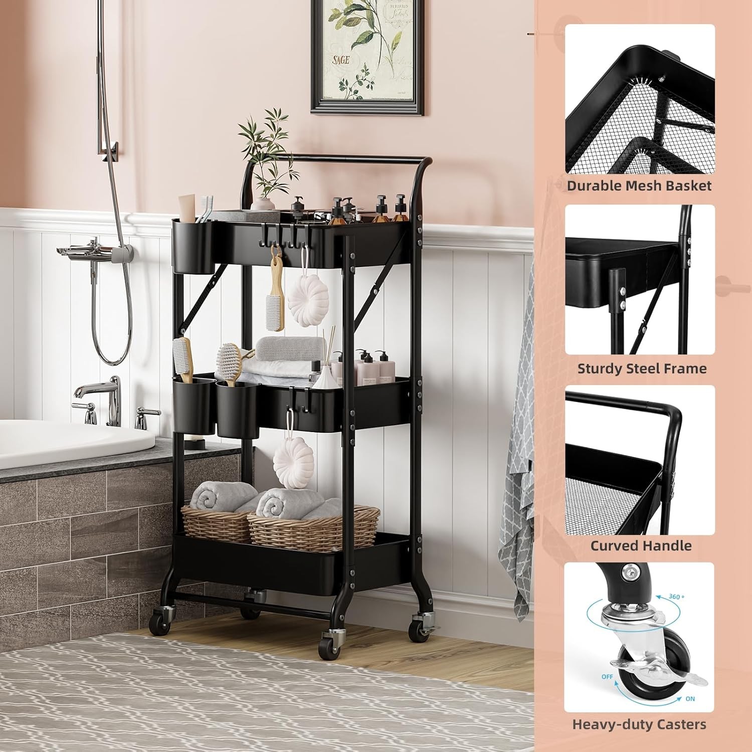 3 Tier Foldable Rolling Cart W/ Wheels Folding Utility Cart Organizer