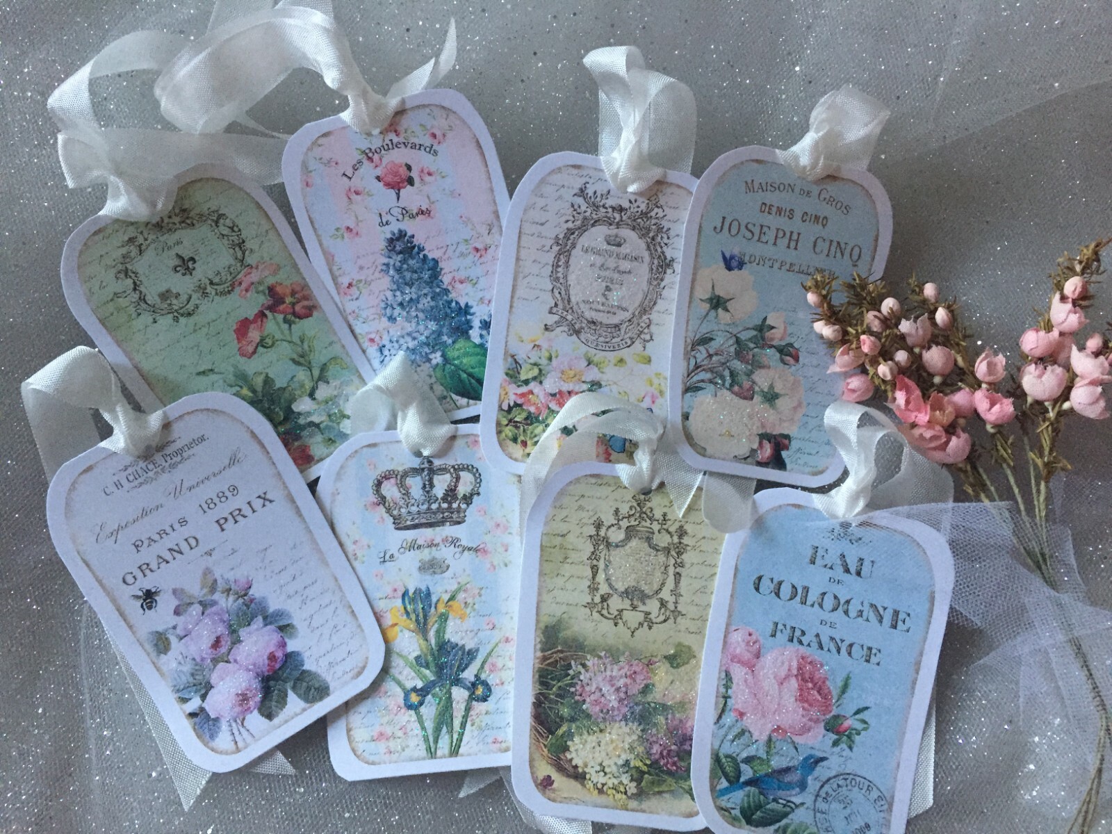 ~ Delightful French Inspired SHABBY Roses ROMANTIC Gift Tags Glitter 8   ~