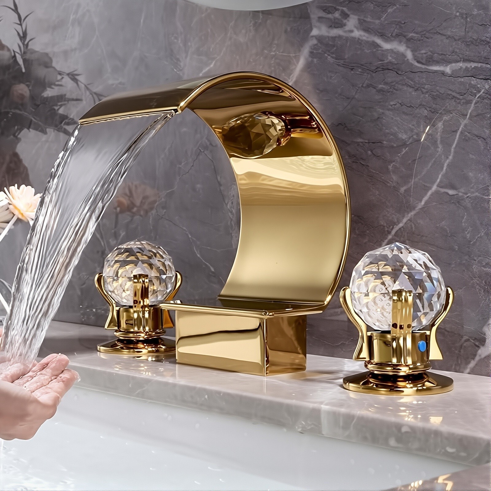 Gold Bathroom Faucet Dual Crystal Knobs Widespread 3 Holes Vanity Basin Mixer
