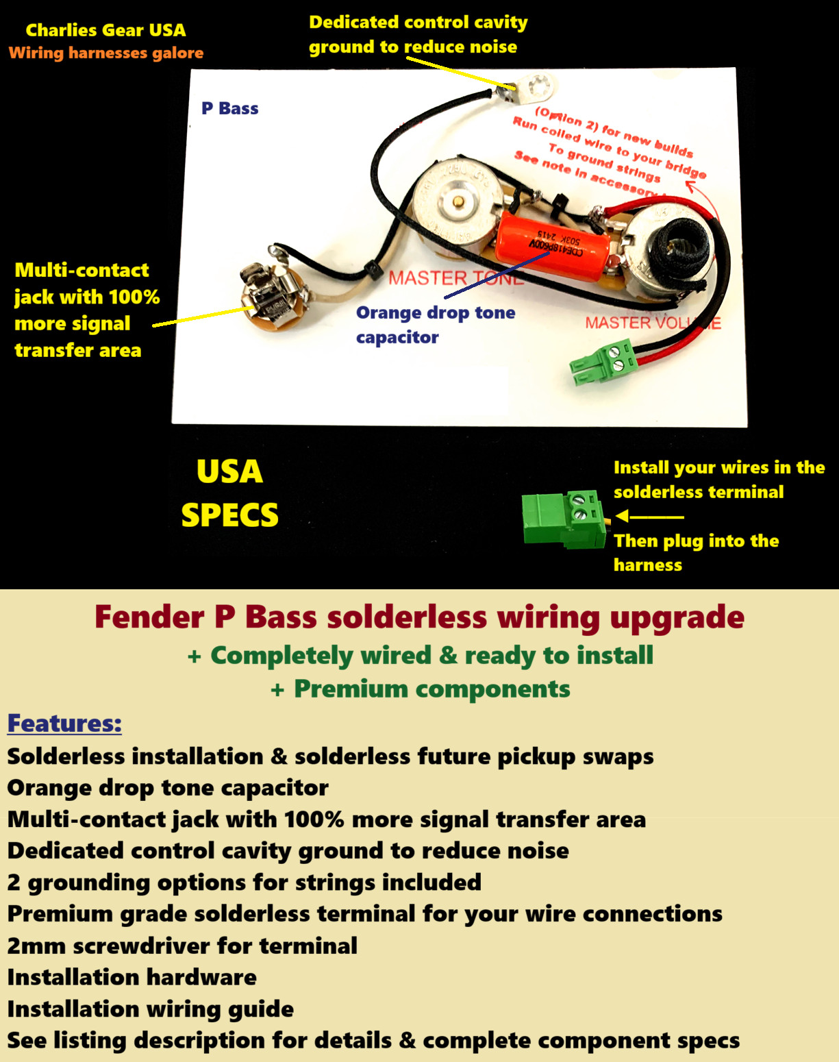 Fender P Bass Solderless Wiring Harness - 250k pots/.047µF Tone Capacitor