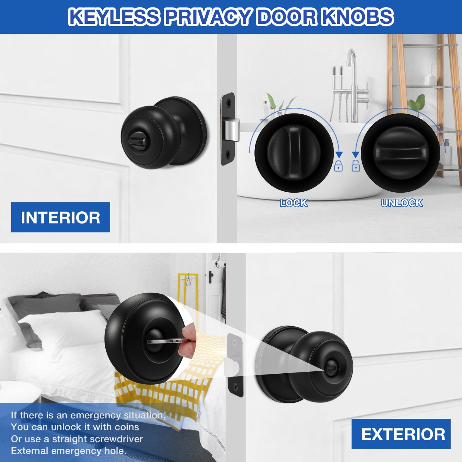10 Pack Matte Black Door knobs, Keyless Interior Door Locks, Round Ball Keyle...