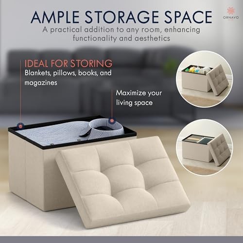 Small Storage Ottoman, Set of Foldable Collapsible Rectangle Linen 2 Beige