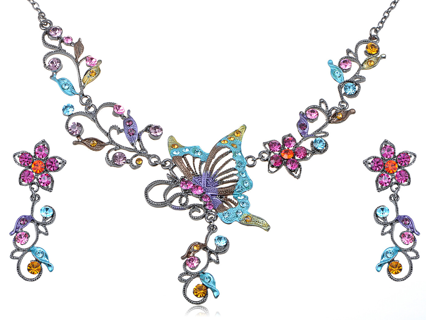Colorful Crystal Rhinestone Butterfly Cluster Floral Flower Necklace Earring Set
