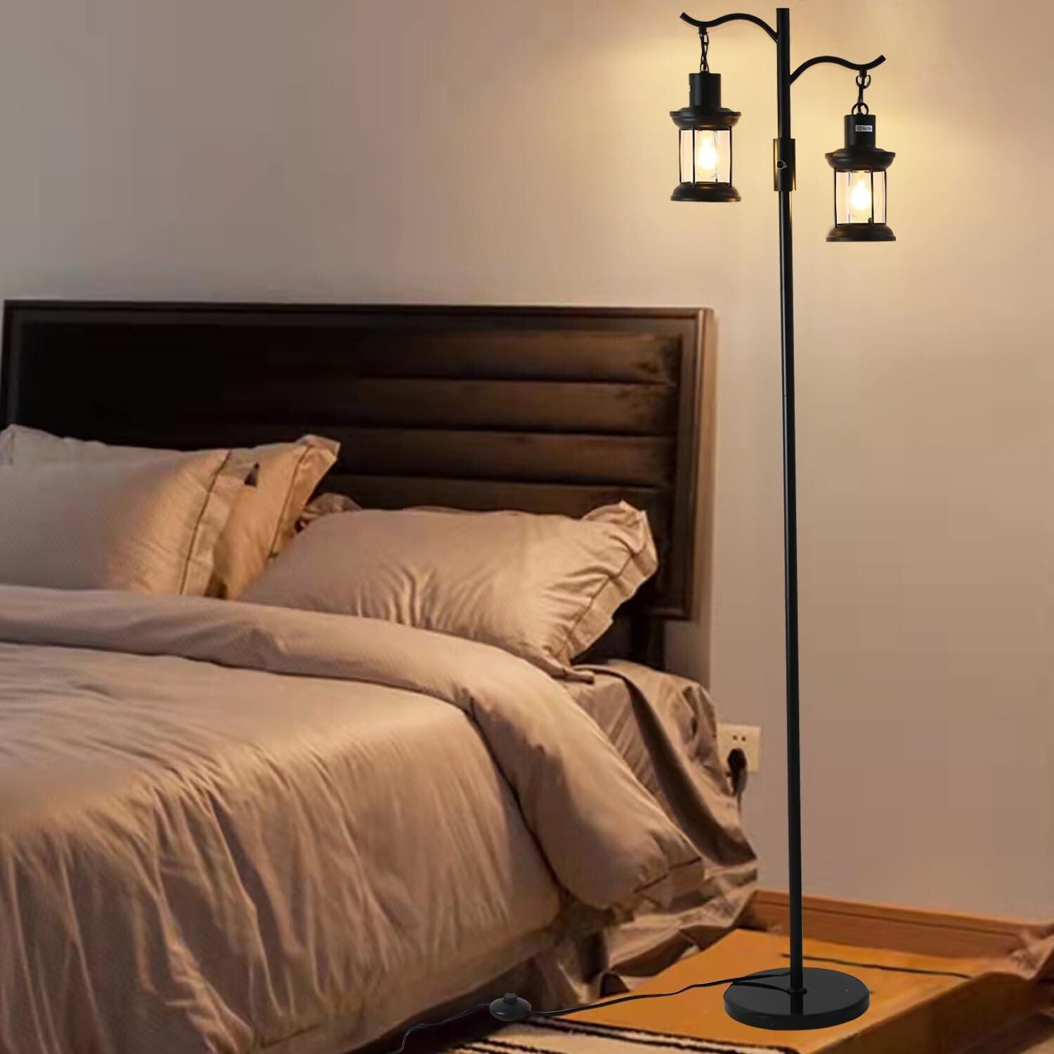 Vintage Dimmable Floor Lamp,2 Classical Lanterns Standing Lamp, Rustic Farmho...
