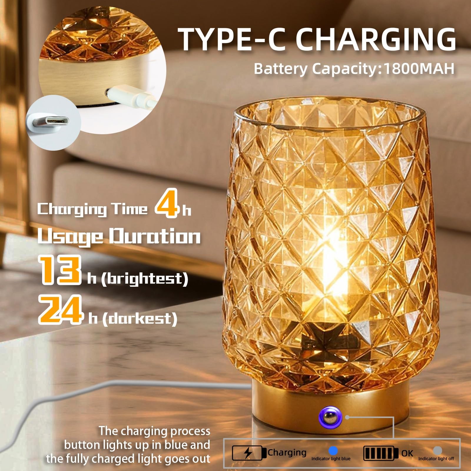 Cordless Rechargeable Table Lamp, Dimmable Portable Night Light with Diamond ...