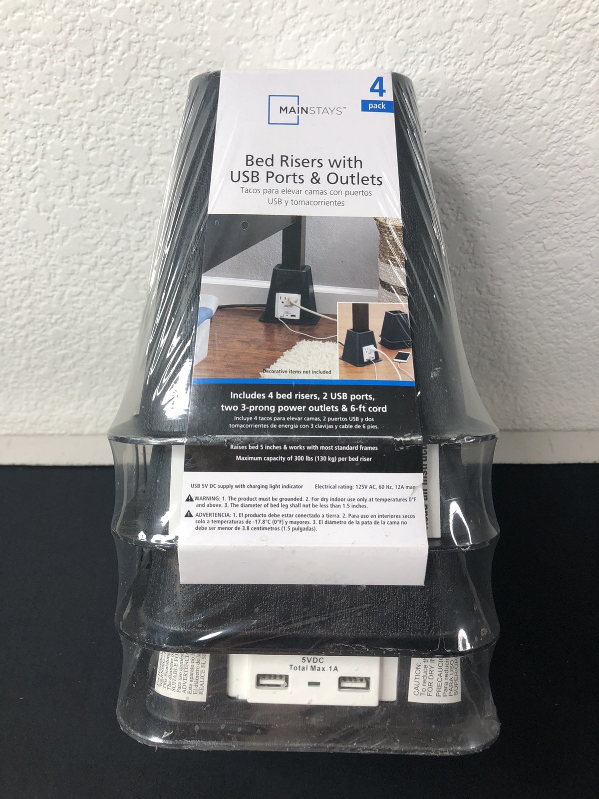 Bed Risers With USB Ports & Outlets 4 Pack Main Stays 6’ Ft Cord Factory Sealed