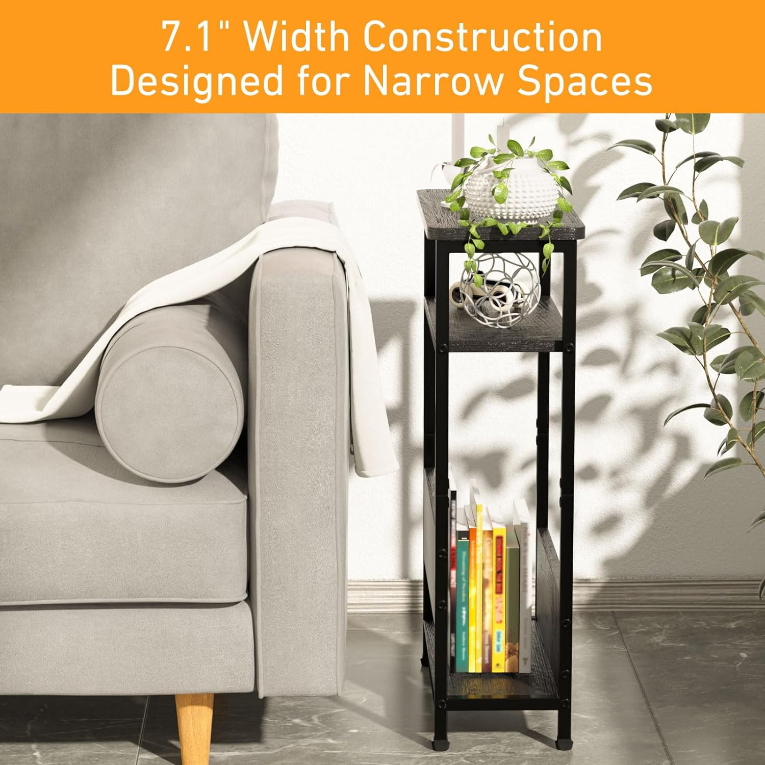 7.1" Narrow Side Table for Small Spaces, 3 Tier End with Black