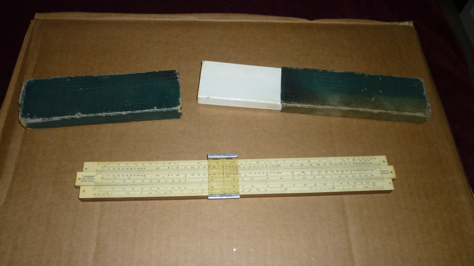 Vintage Unique Universal Slide Rule, Made in England, Boxed, Fair Condition