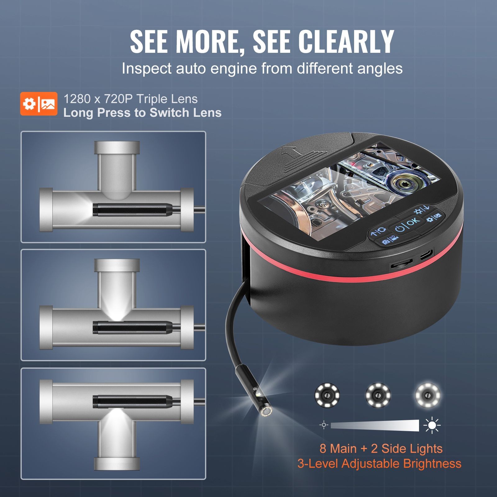 Triple Lens Borescope Camera 4.3in IPS Screen 16.4FT Cable