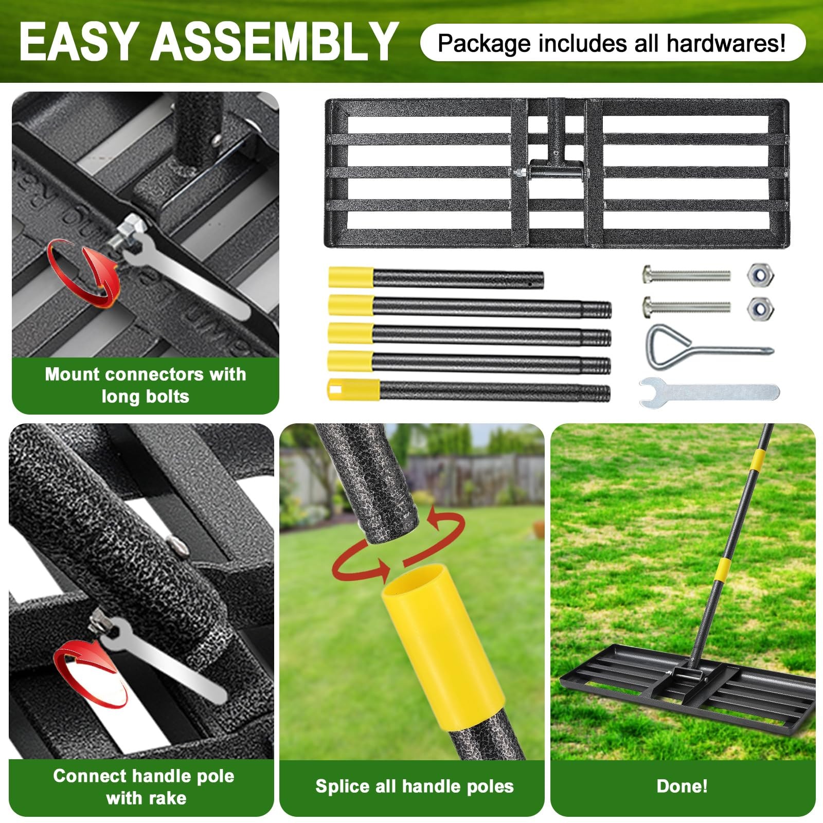 Lawn Leveling Rake, 30"x10" Levelawn Tool, 5FT Adjustable Handle Leveling Too...