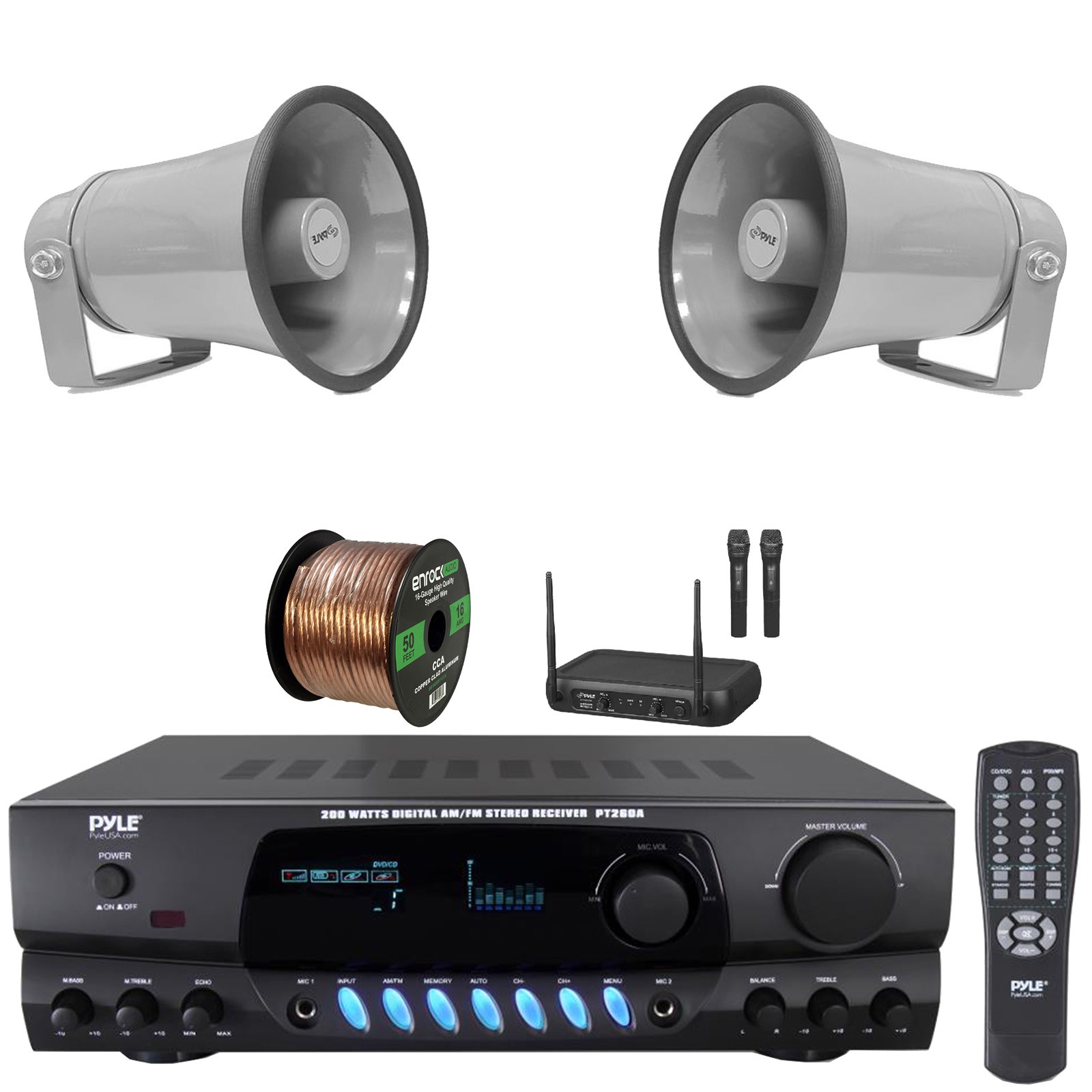 Pyle PT260A Stereo Home Receiver, 2x 8.1'' 50W Gray PA Horn Speakers, Mic System