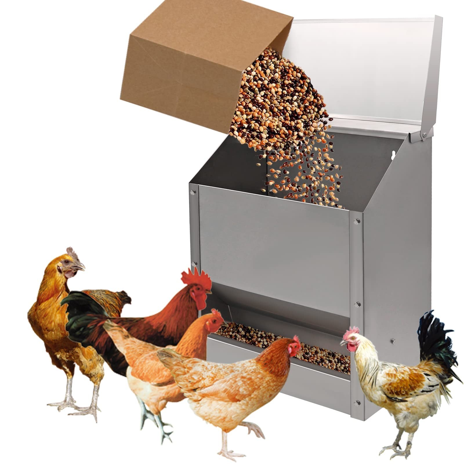 Stainless Steel Chicken Feeders No Waste Poultry Feeder Rainproof Hanging Pou...