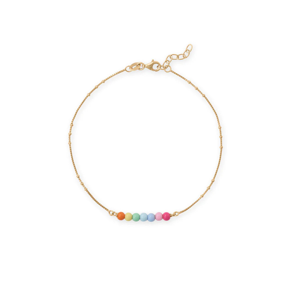 Women's Gold Plated 925 Sterling Silver Rainbow Enamel Bead Anklet - Cute, Femin