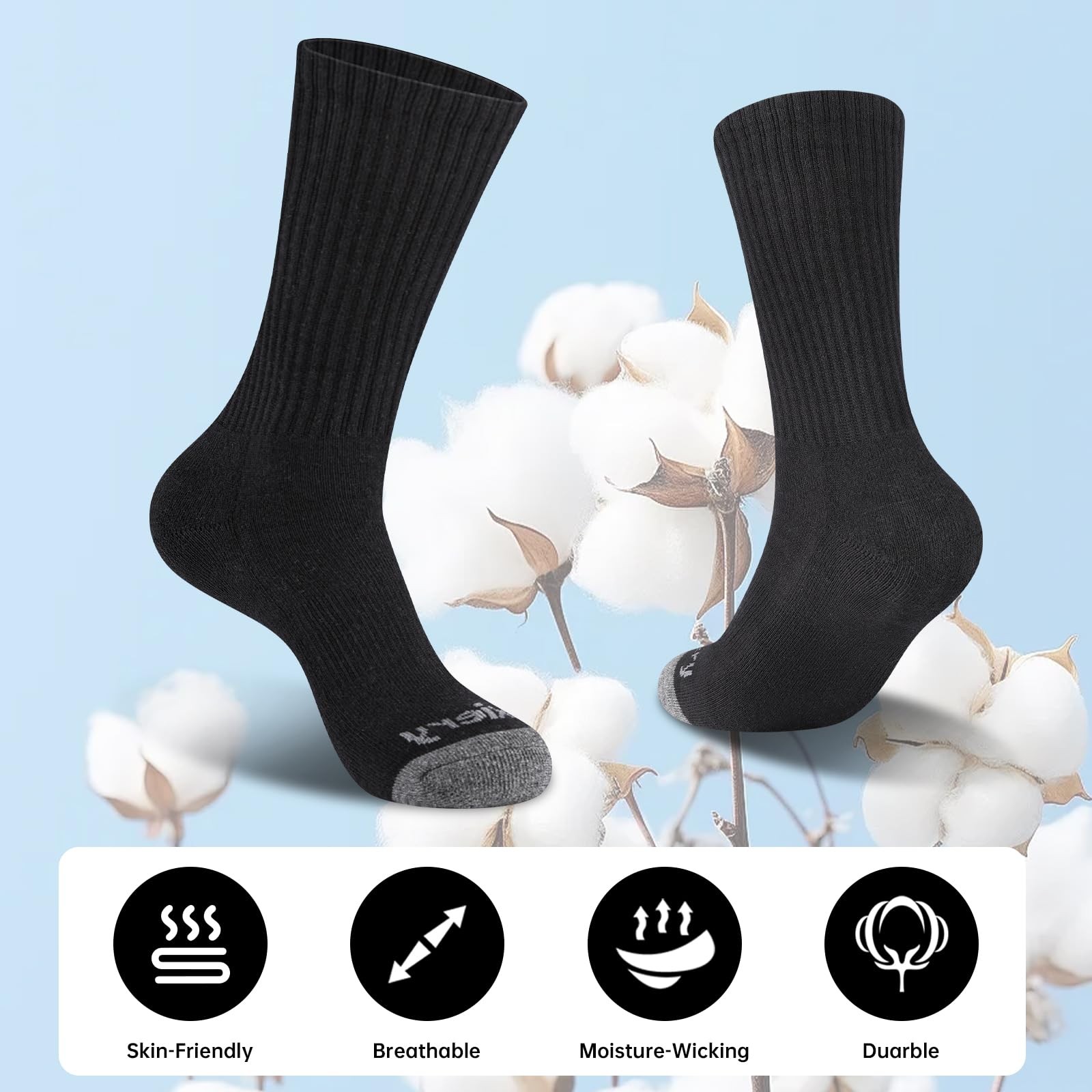 100% Cotton Moisture Wicking Cushioned Crew Socks, Athletic