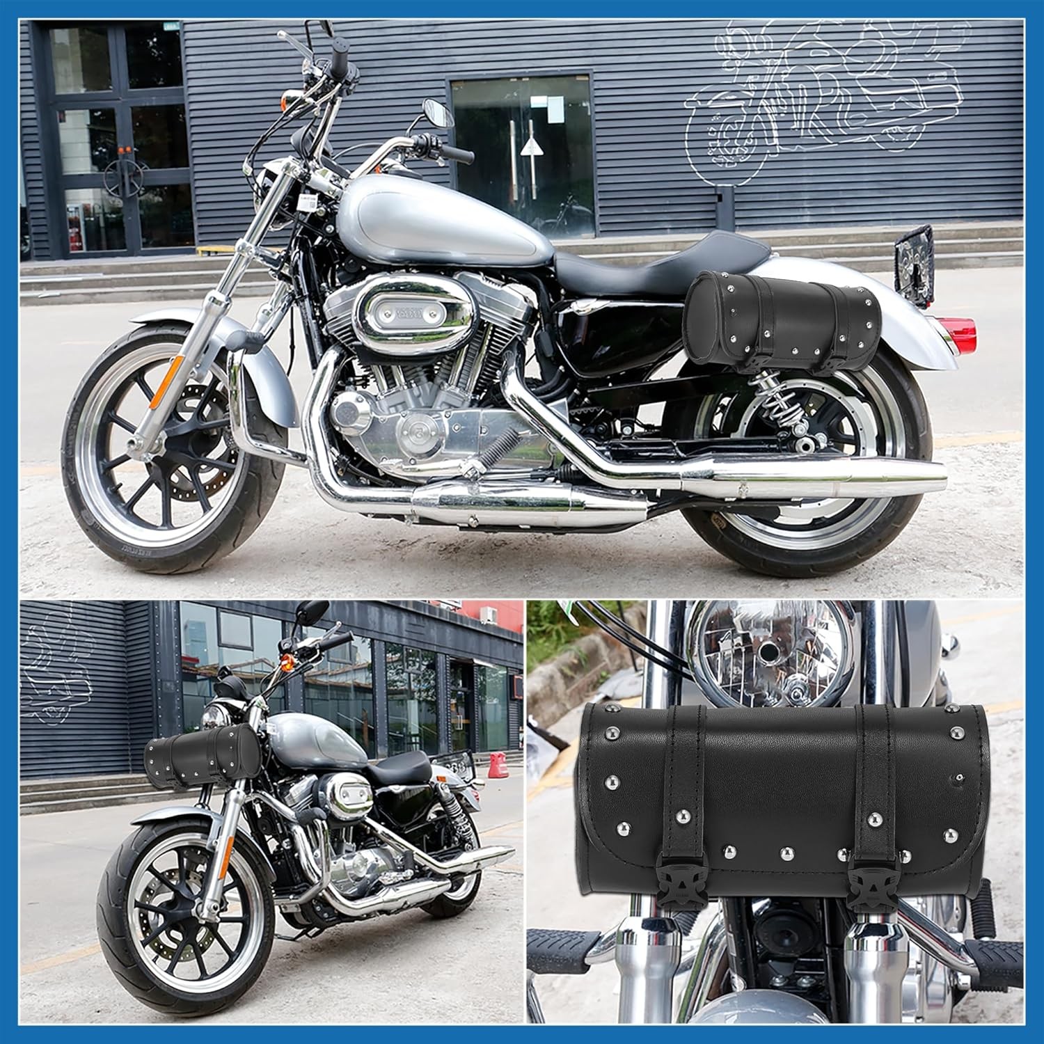 "Universal Motorcycle Fork & Handlebar Tool Bag, Waterproof Faux Leather - Black
