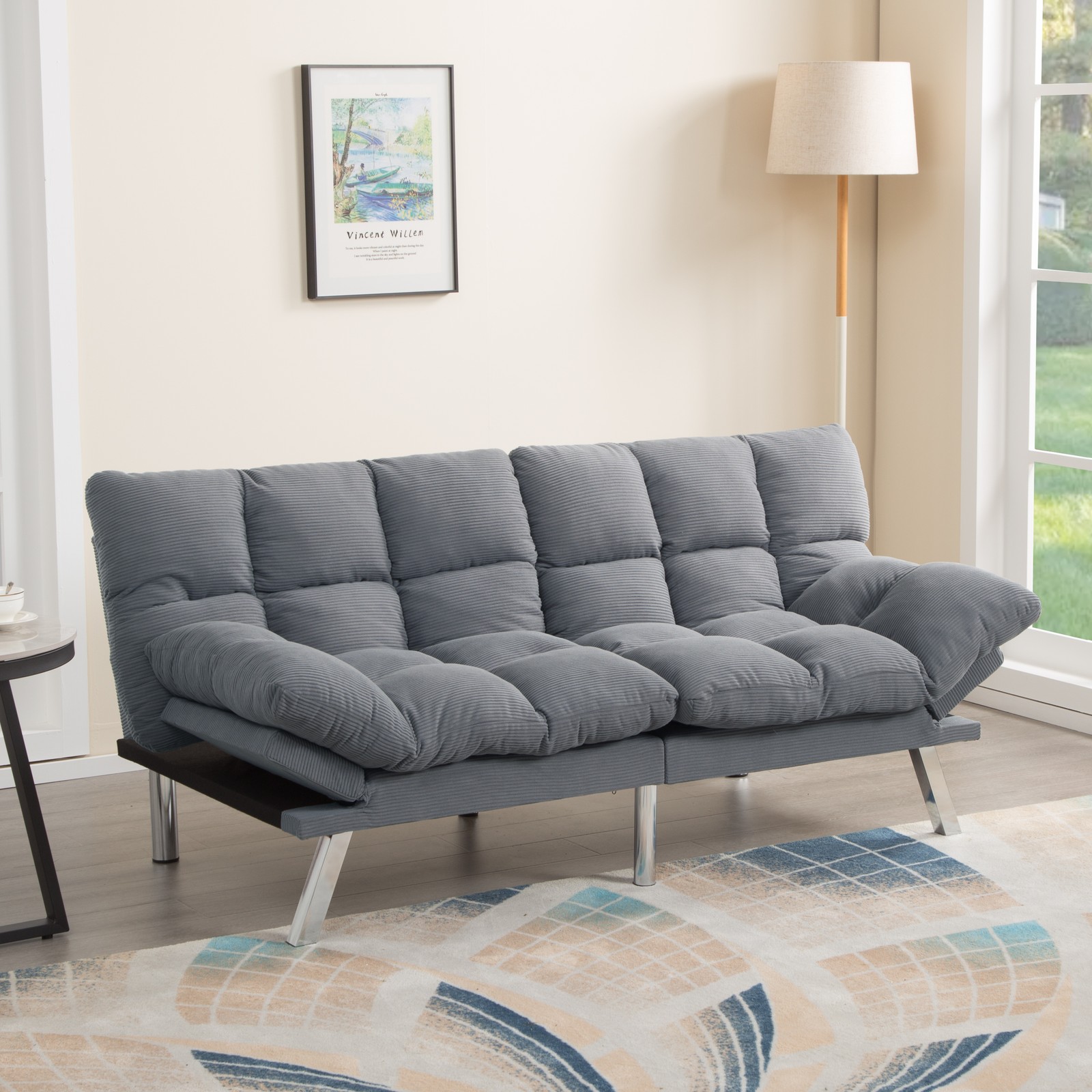 67.3" Gray Corduroy Futon Sofa Bed Adjustable Twin Sleeper Split Back Armrests