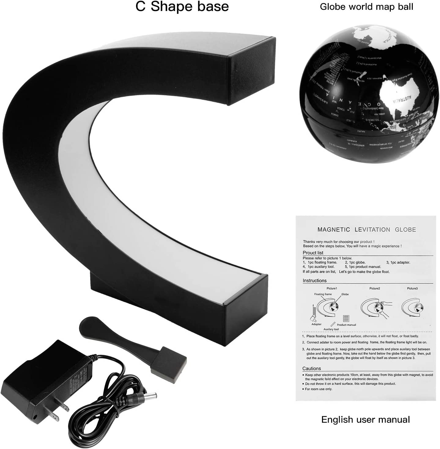 Magnetic Levitation Floating World Map Globe, C Shape Base with LED Lights, Grea