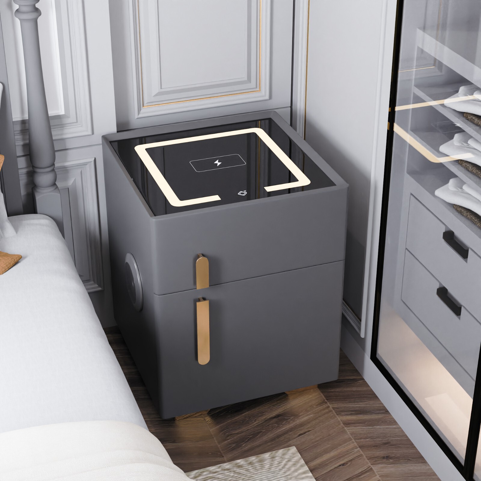 Double Drawer Smart Bedside Table with Safe (Dark Gray)