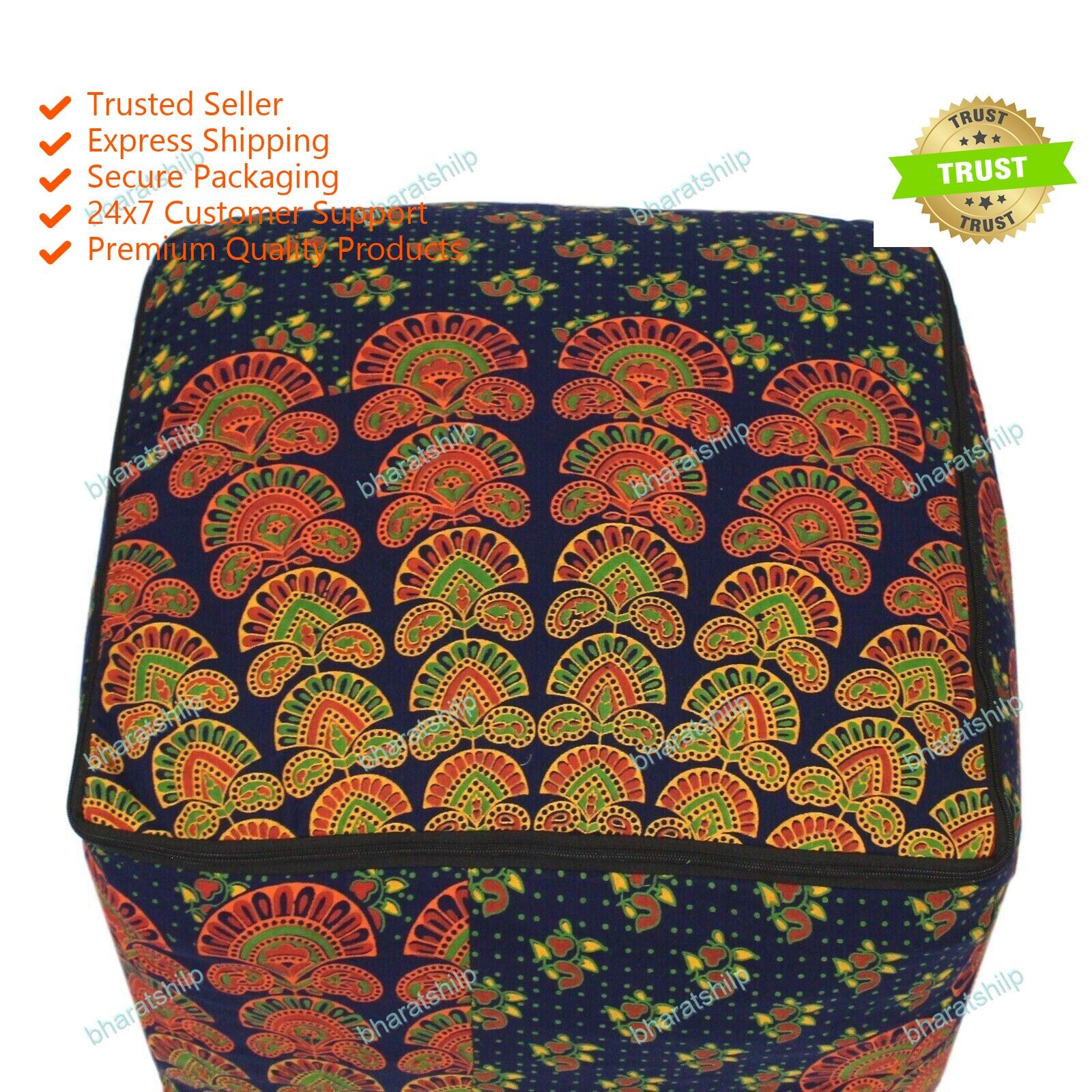 Indian Ottoman 22" Inch Multicolor Square Mandala Pouf Cover