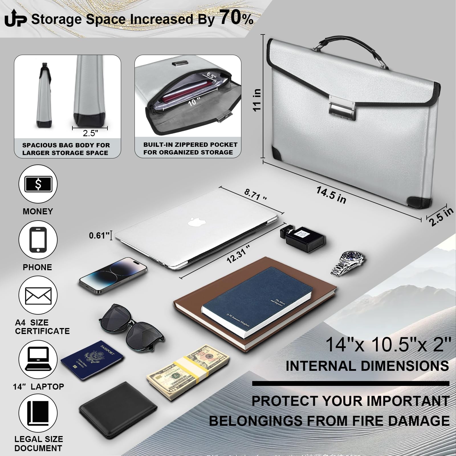 Fireproof Document Bag, 14.5" X11" X2.5", Silver