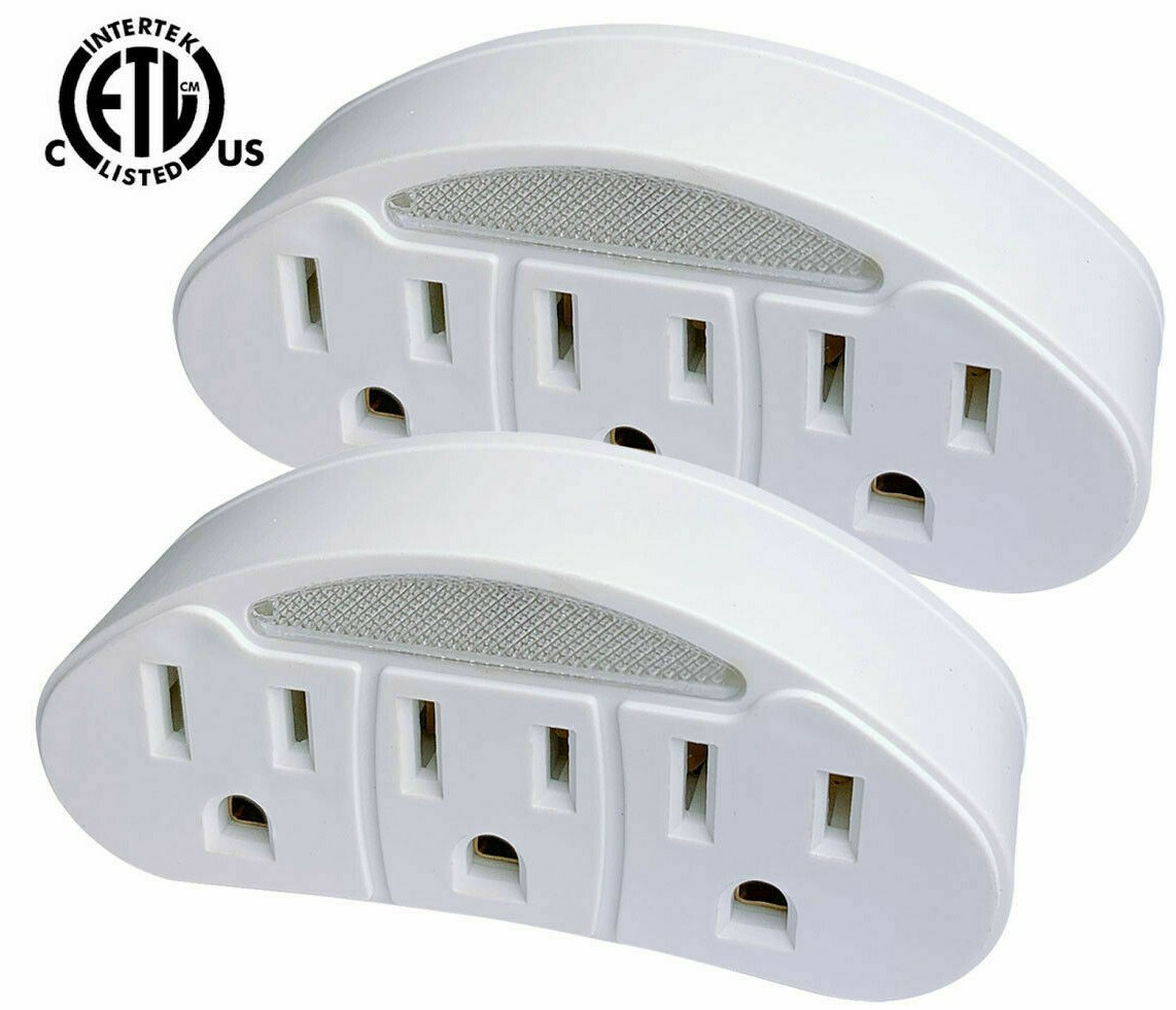 3-Outlet Grounded Wall Tap AC Power Adapter Night Light Stanley SPS2487 Lot of 2