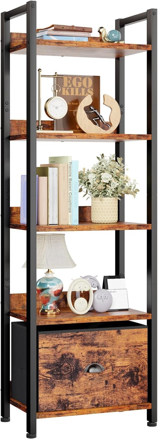 5 Tier Bookshelf W/ Drawer Tall Narrow Bookcase W/ Shelves Wood & Metal