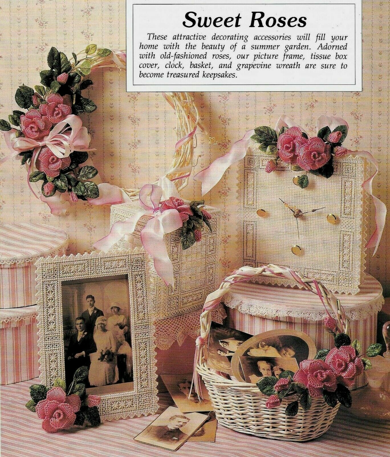 SWEET ROSES TISSUE COVER FRAME CLOCK WREATH PLASTIC CANVAS PATTERN INSTRUCTIONS