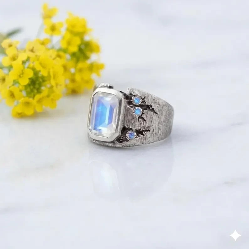 Rainbow Moonstone Ring, 925 Sterling Silver Gemstone, Mens Statement Ring, Gift