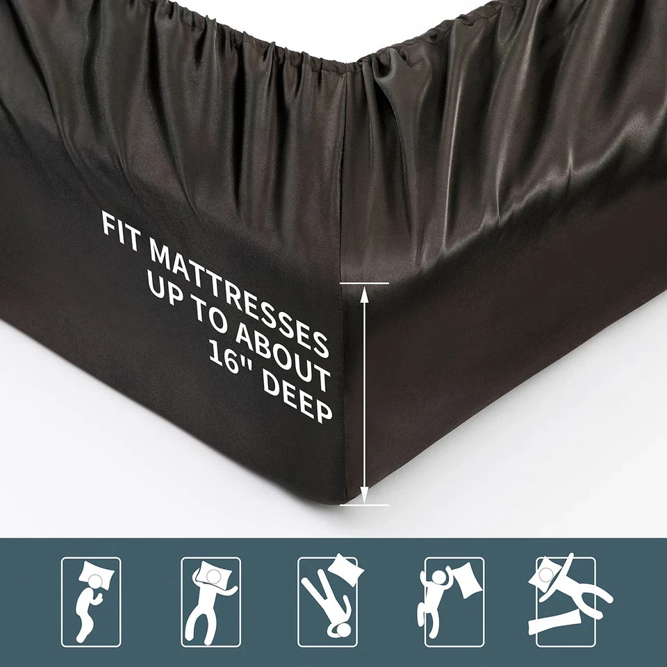 SATIN SHEETS Bedding Sheet Set Pillow Case Deep Pocket Queen Black 6-Pc POTHUINY