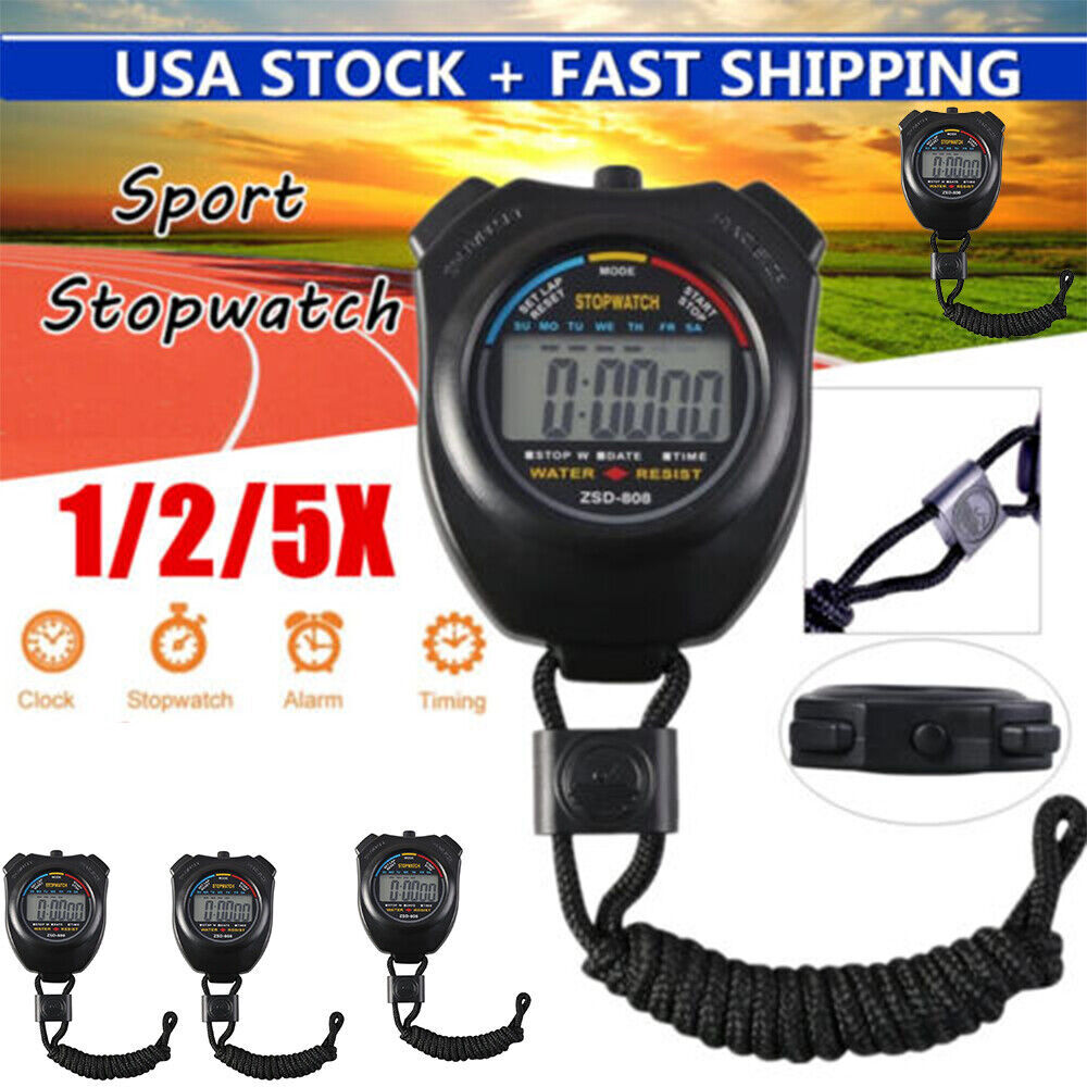 1/2/5PCS Digital LCD Stopwatch Handheld Timer Counter Alarm Waterproof Black
