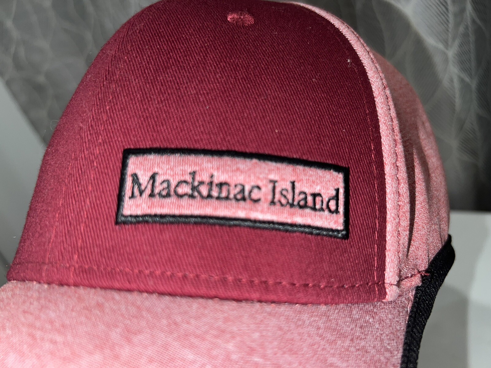Mackinac Island Knit cap heather pink with Maroon front Hat Cap Hook Loop EUC