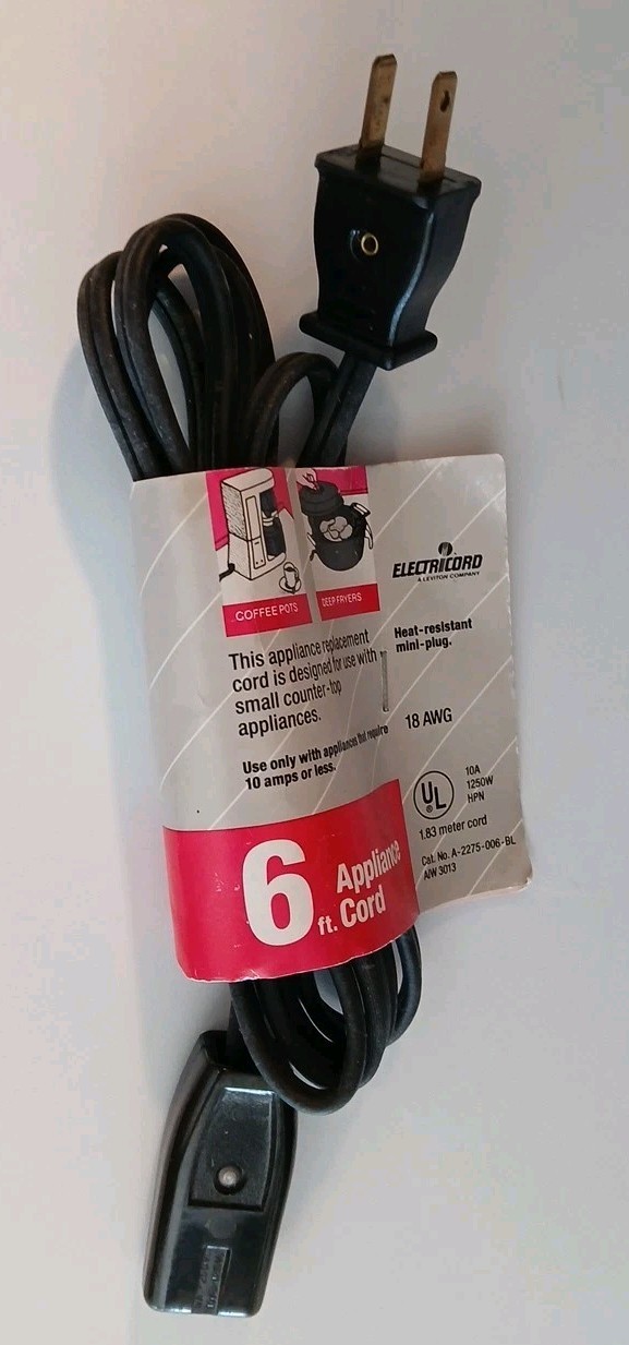 LEVITON 6’ Black Plug Small Appliance Power Cord 2 Prong Polarized A-2275-006-BL