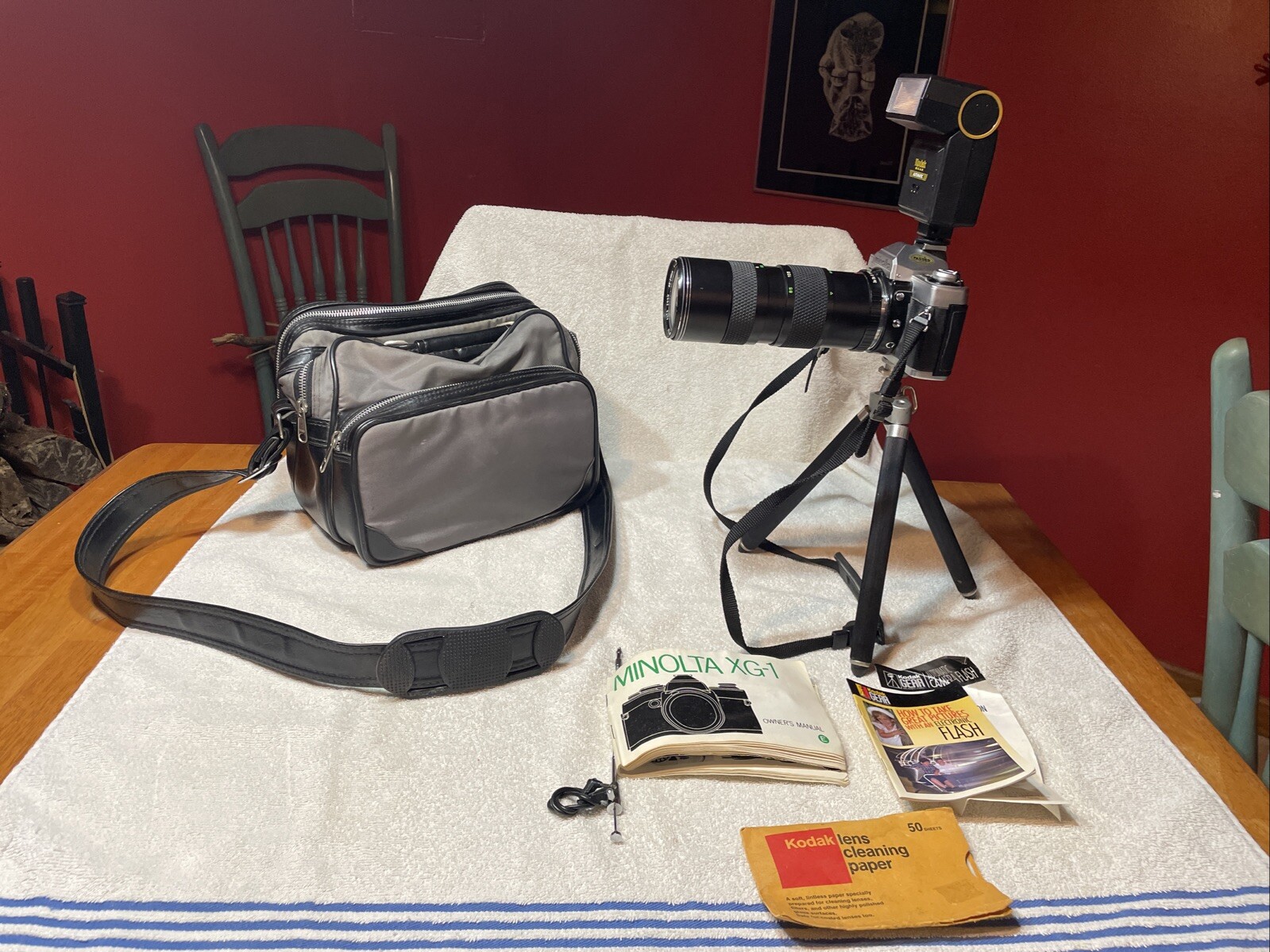 Minolta XG-1 Film Camera With Promaster Zoom Lens. Bag. Tripod. Etc