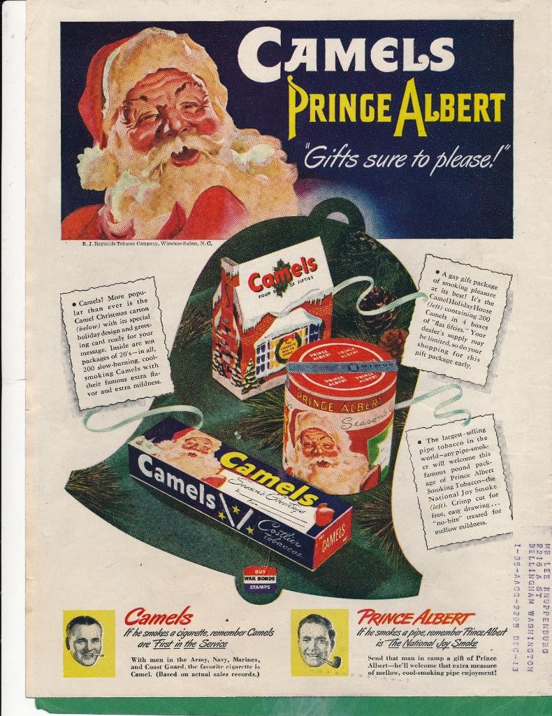Magazine Ad - 1943 - Camel Cigarettes - World War 2 - Christmas - Santa Claus