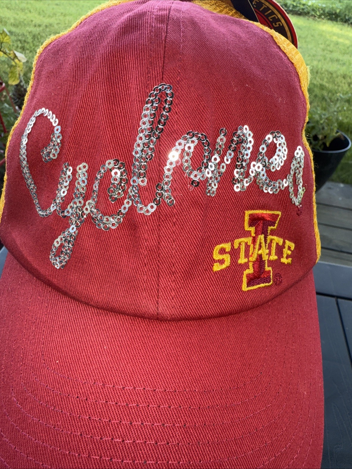 Iowa State Cyclones silver sequins script on Red Trucker Hat Cap w Yellow Mesh