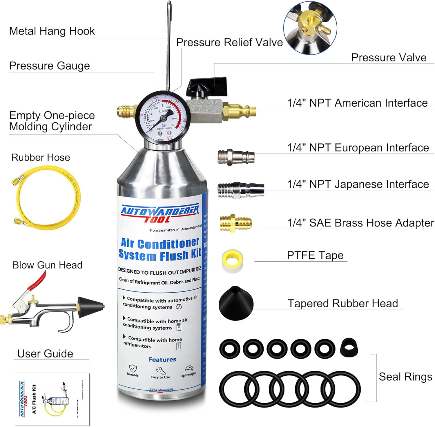 AC Flush Kit Air Conditioner System Flush Canister Gun Set for Clean A/C Line