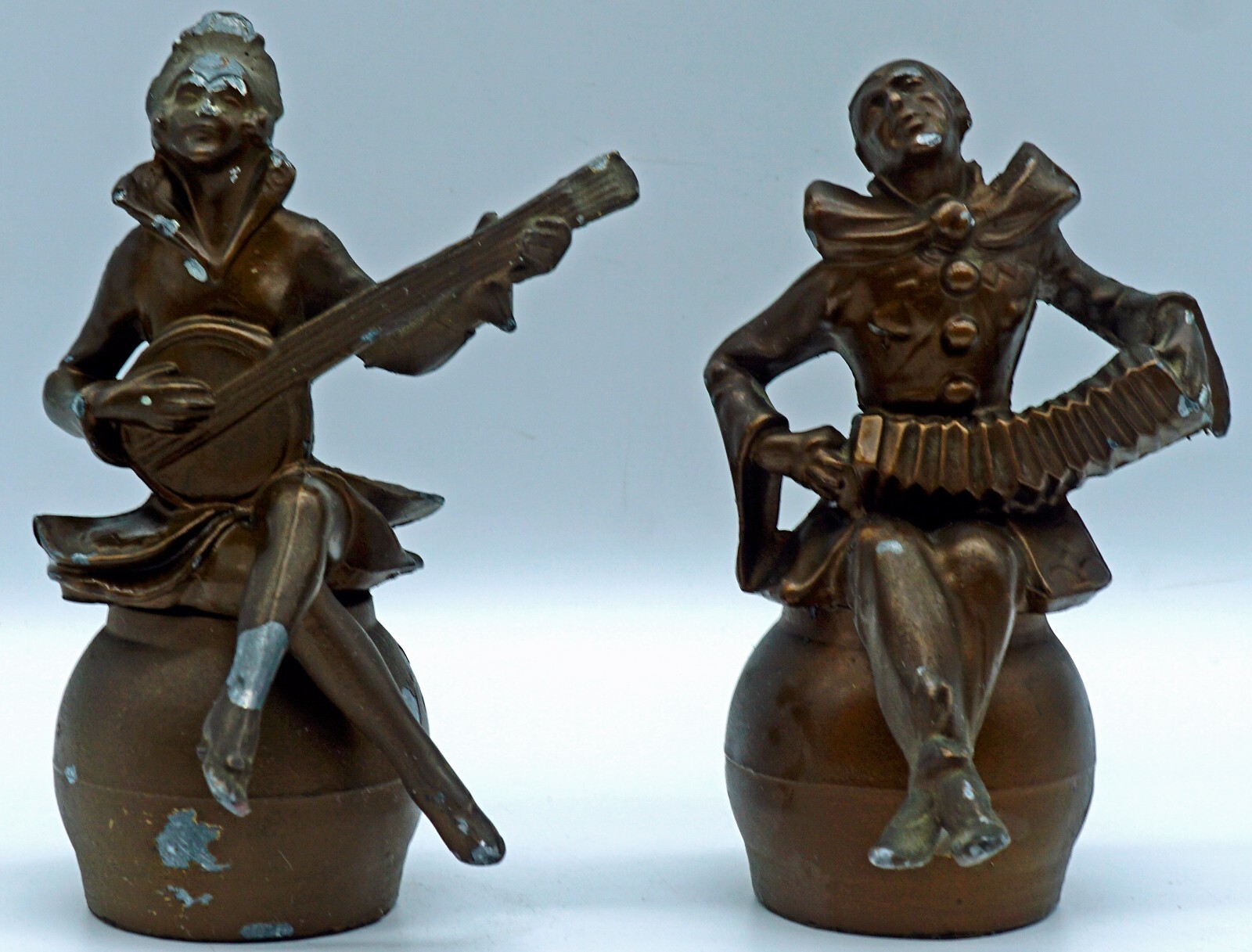 Vintage Pair of Musician Figurines Bronze Finish Spelter Metal Lady & Man