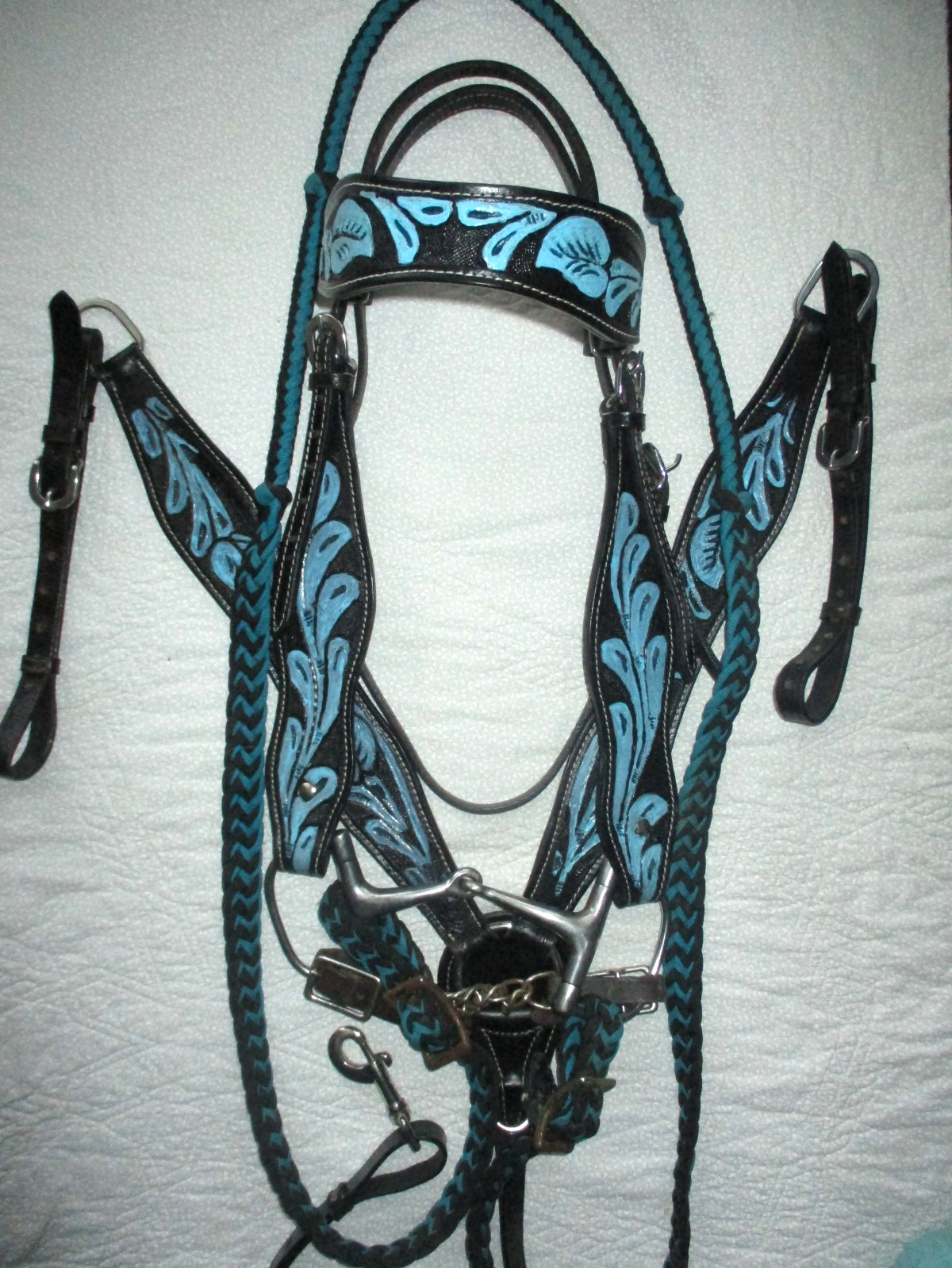Black  Leather w Blue Floral Horse Tack Set Bridle, Bit, Breast Collar, reins