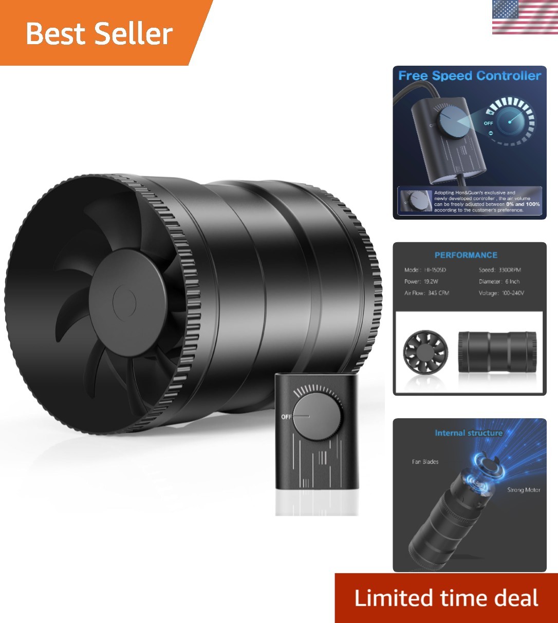 Upgrade Controller 6 Inch Inline Duct Fan - 345 CFM for Comfort & Airflow